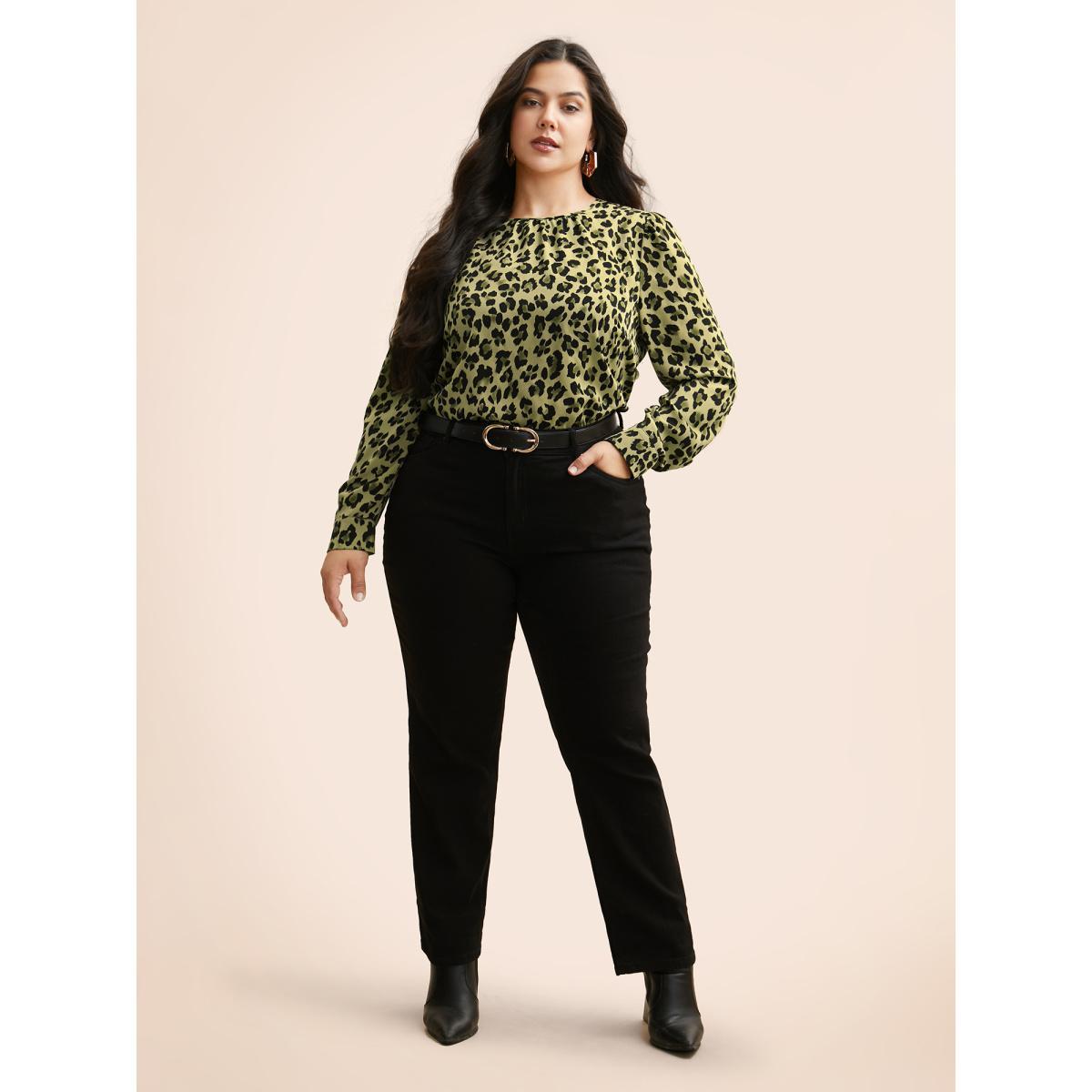 Plus Size Moss Leopard Print Mock Neck Gathered Blouse Women At the Office Long Sleeve Mock Neck Work Blouses BloomChic 30/6X Product Image