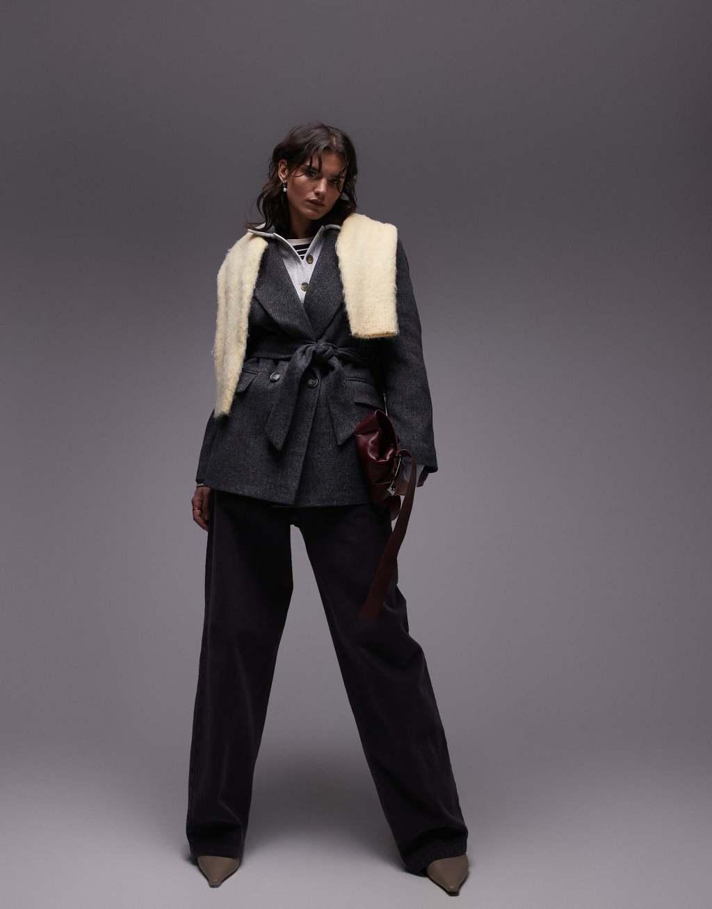Topshop double breasted belted twill blazer coat in charcoal Product Image