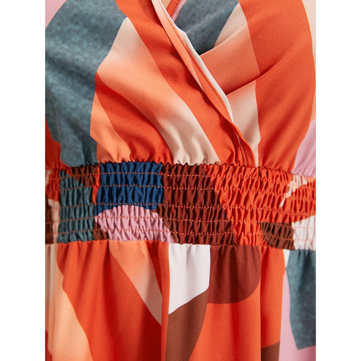 Plus Size Colour Geometric Contrast Shirred Ruffles Elastic Waist Dress Multicolor Women Vacation Elastic Waist V-neck Short sleeve Curvy Midi Dress BloomChic 28/5X Product Image