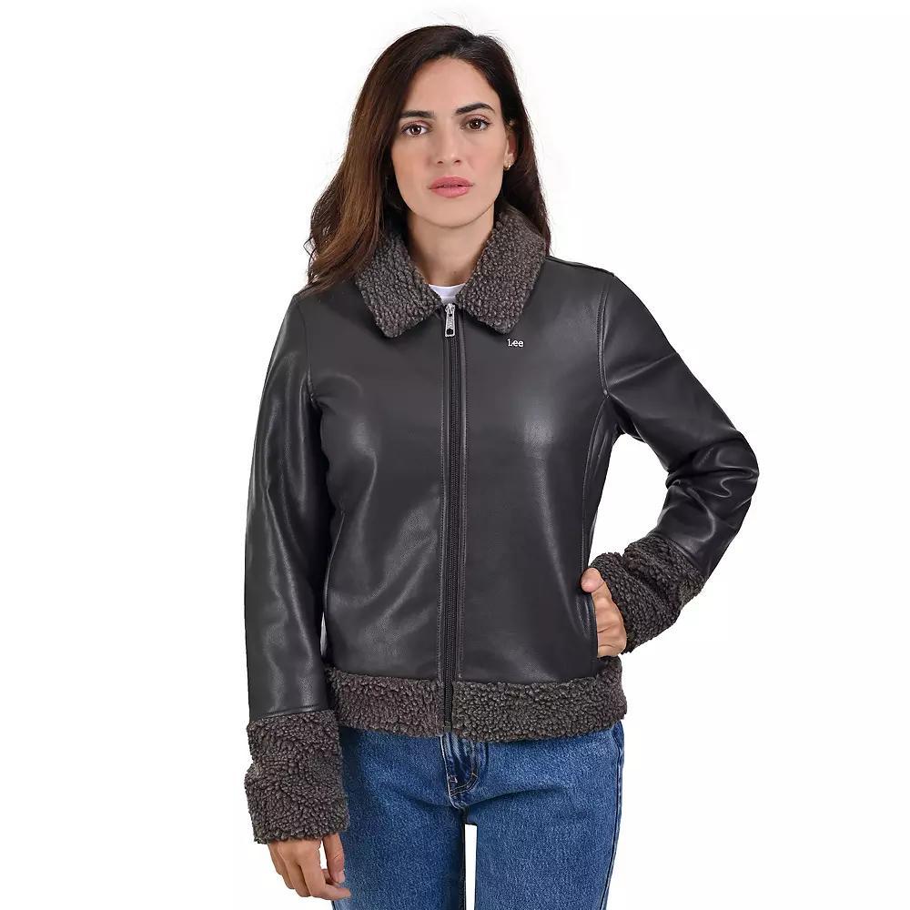 Women's Lee® Faux Leather With Faux Shearling Trim Casual Jacket, Size: Medium, Dark Brown Product Image