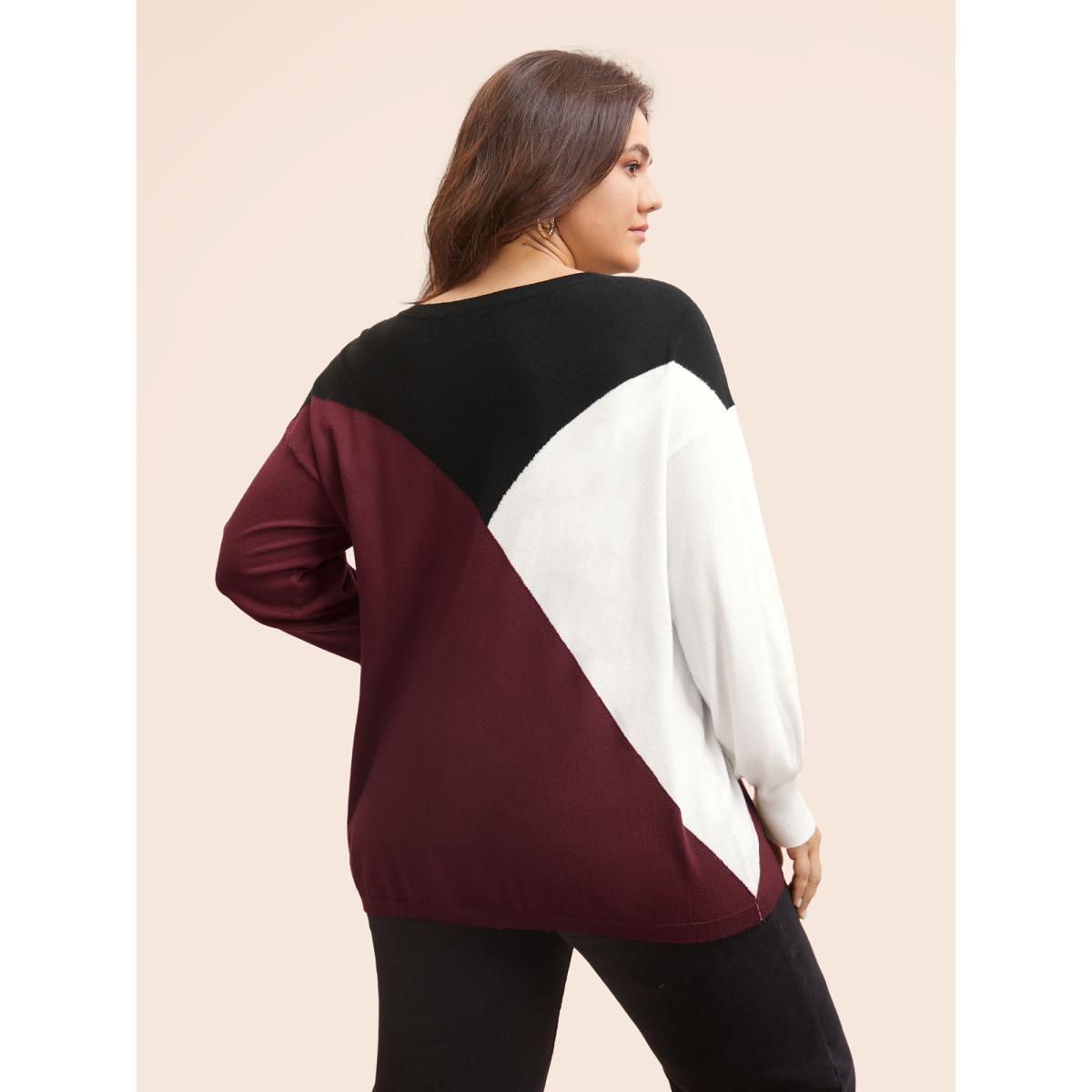 Plus Size Supersoft Essentials Colorblock Contrast Pullover Burgundy Women Casual Long Sleeve Round Neck Everyday Pullovers BloomChic 14-16/1X Product Image