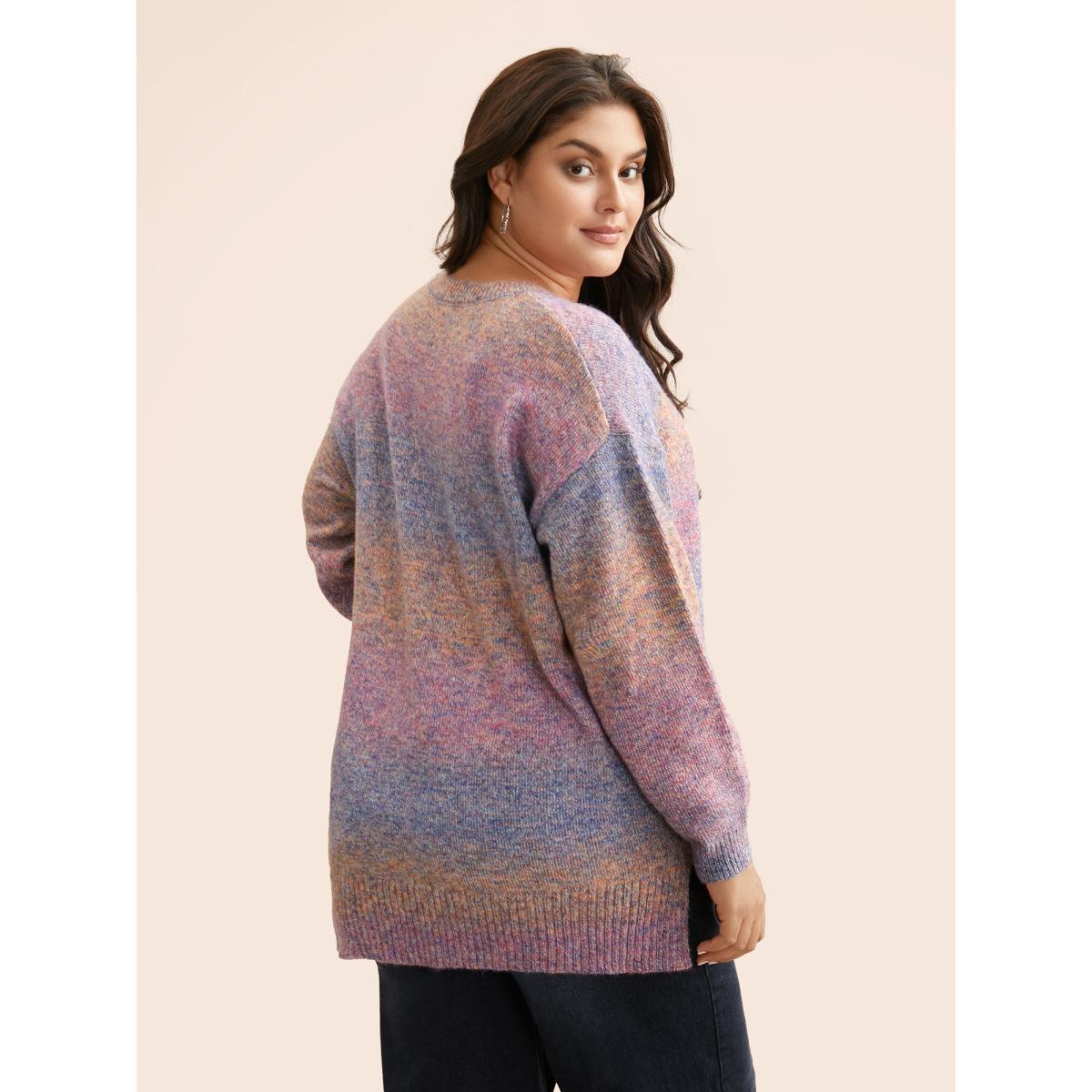 Plus Size Gradient Dyeing Round Neck Slit Hem Pullover Multicolor Women Casual Loose Long Sleeve Round Neck Everyday Pullovers BloomChic 12/L Product Image