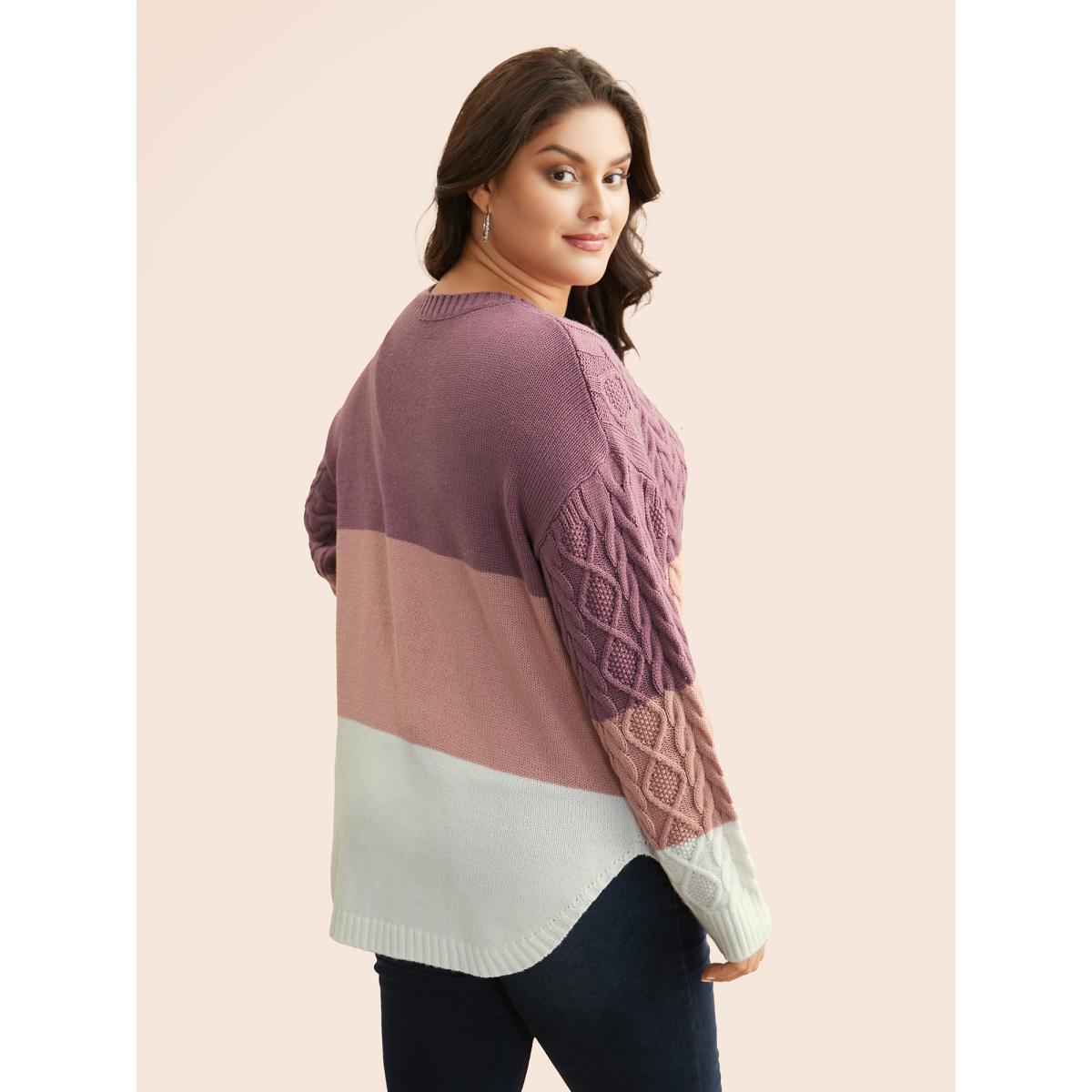 Plus Size Contrast Cable Knit Arc Hem Pullover Lilac Women Casual Loose Long Sleeve Round Neck Everyday Pullovers BloomChic 10/M Product Image
