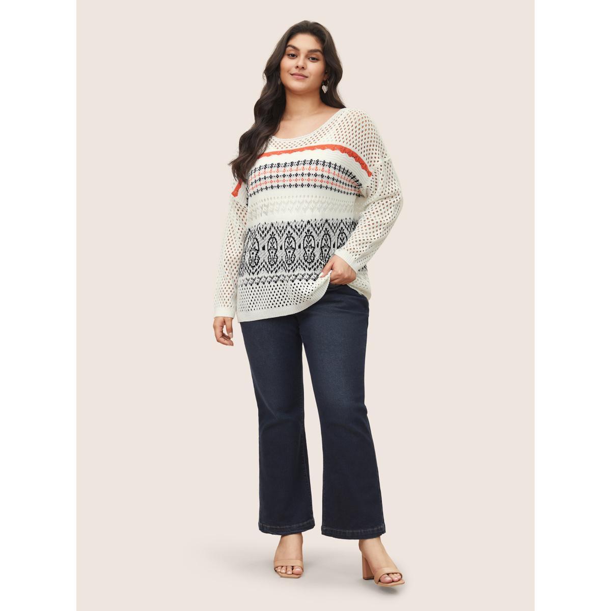 Plus Size Jacquard Hollow Out Drop Shoulder Pullover White Women Casual Long Sleeve Round Neck Everyday Pullovers BloomChic 28/5X Product Image