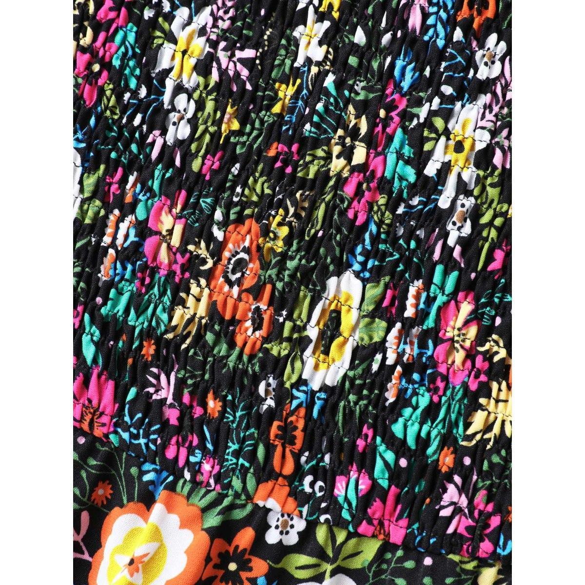 Plus Size Shirred Stretchy Waist Floral Midi Dress BlackFlower Women Square Neck Short sleeve Curvy BloomChic 12/L Product Image