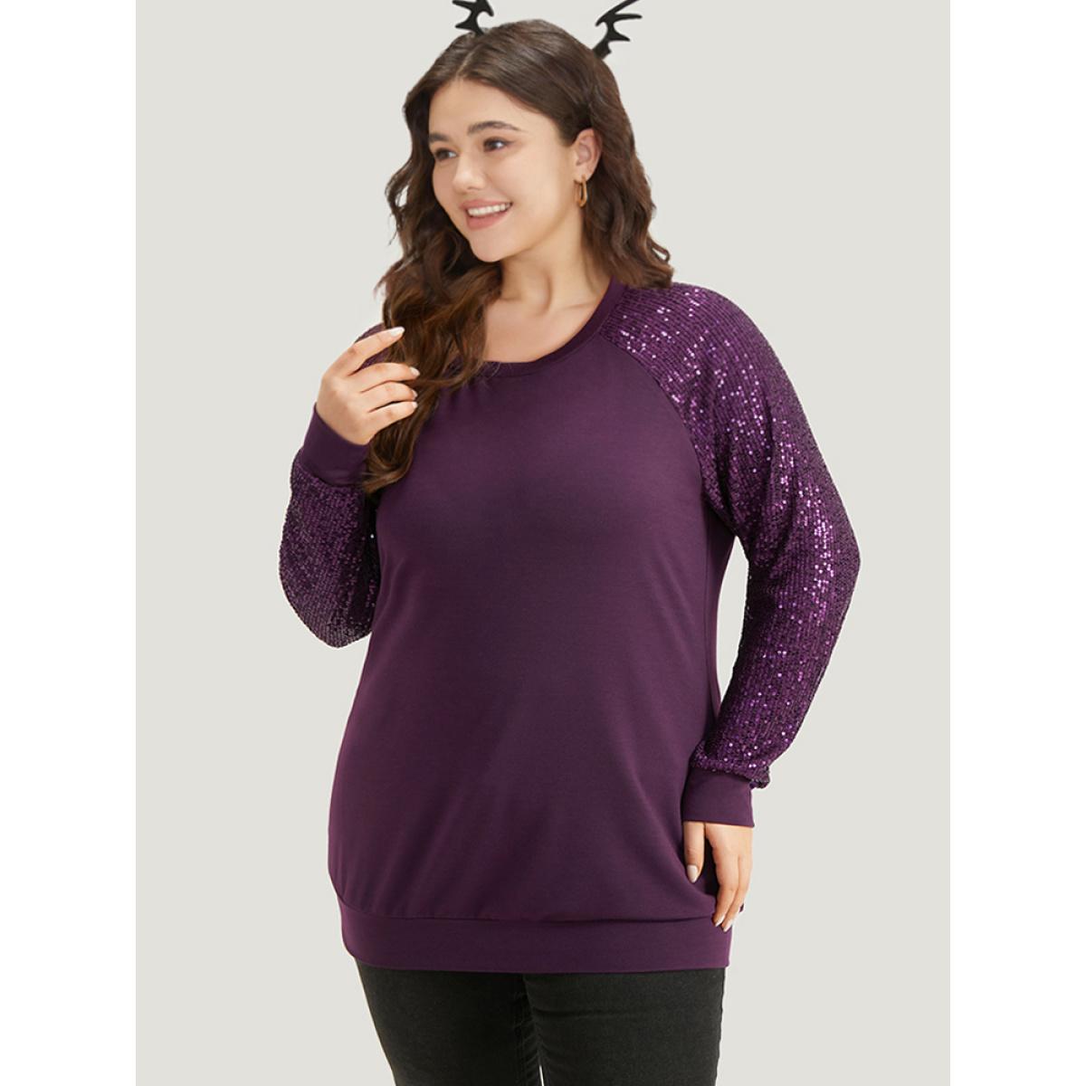 Plus Size Halloween Sequin Round Neck Raglan Sleeve Sweatshirt Women Purple Elegant Plain Round Neck Festival-Halloween Sweatshirts BloomChic 18-20/2X Product Image