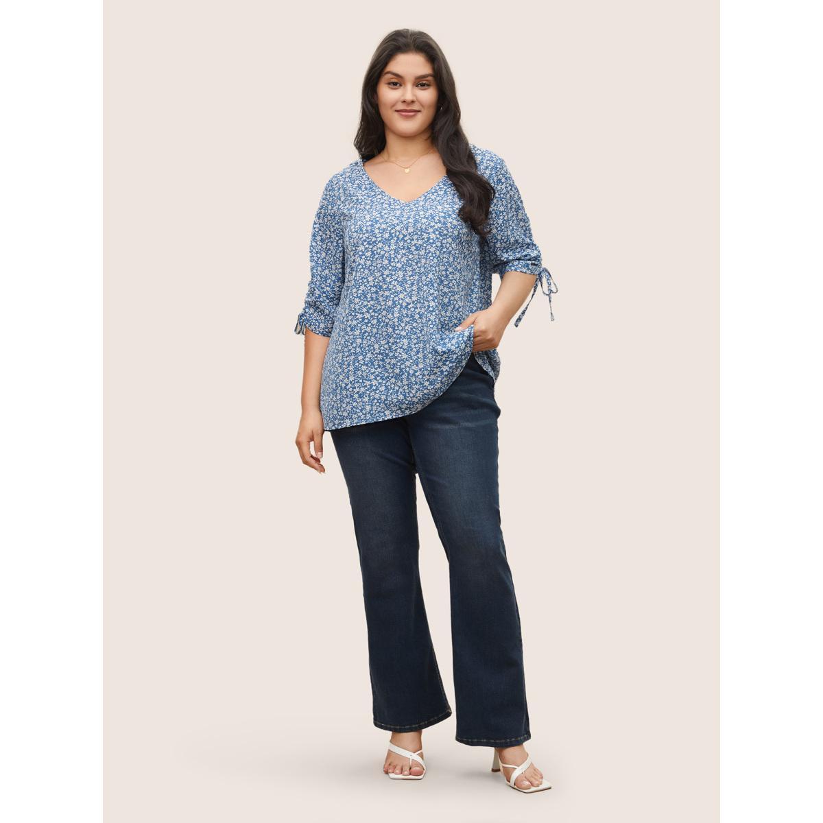 Plus Size Cerulean Ditsy Floral Knot Ties Sleeve Blouse Women Elegant Elbow-length sleeve V-neck Everyday Blouses BloomChic 14-16/1X Product Image