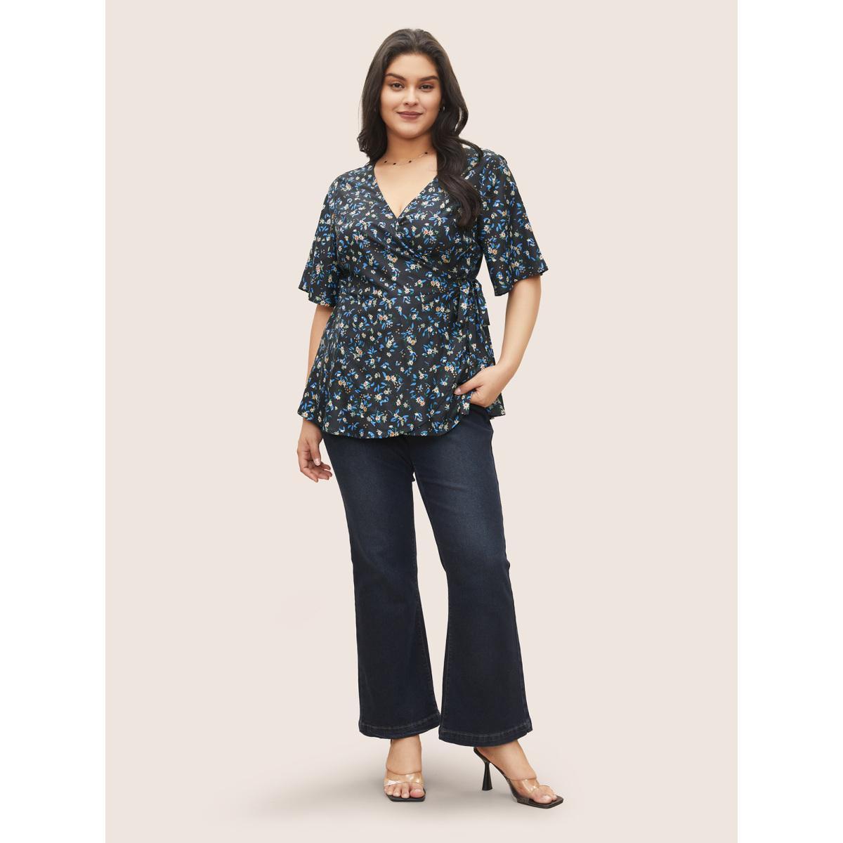 Plus Size Black Ditsy Floral Ties Wrap Bell Sleeve Blouse Women Elegant Short sleeve V-neck Everyday Blouses BloomChic 10/M Product Image