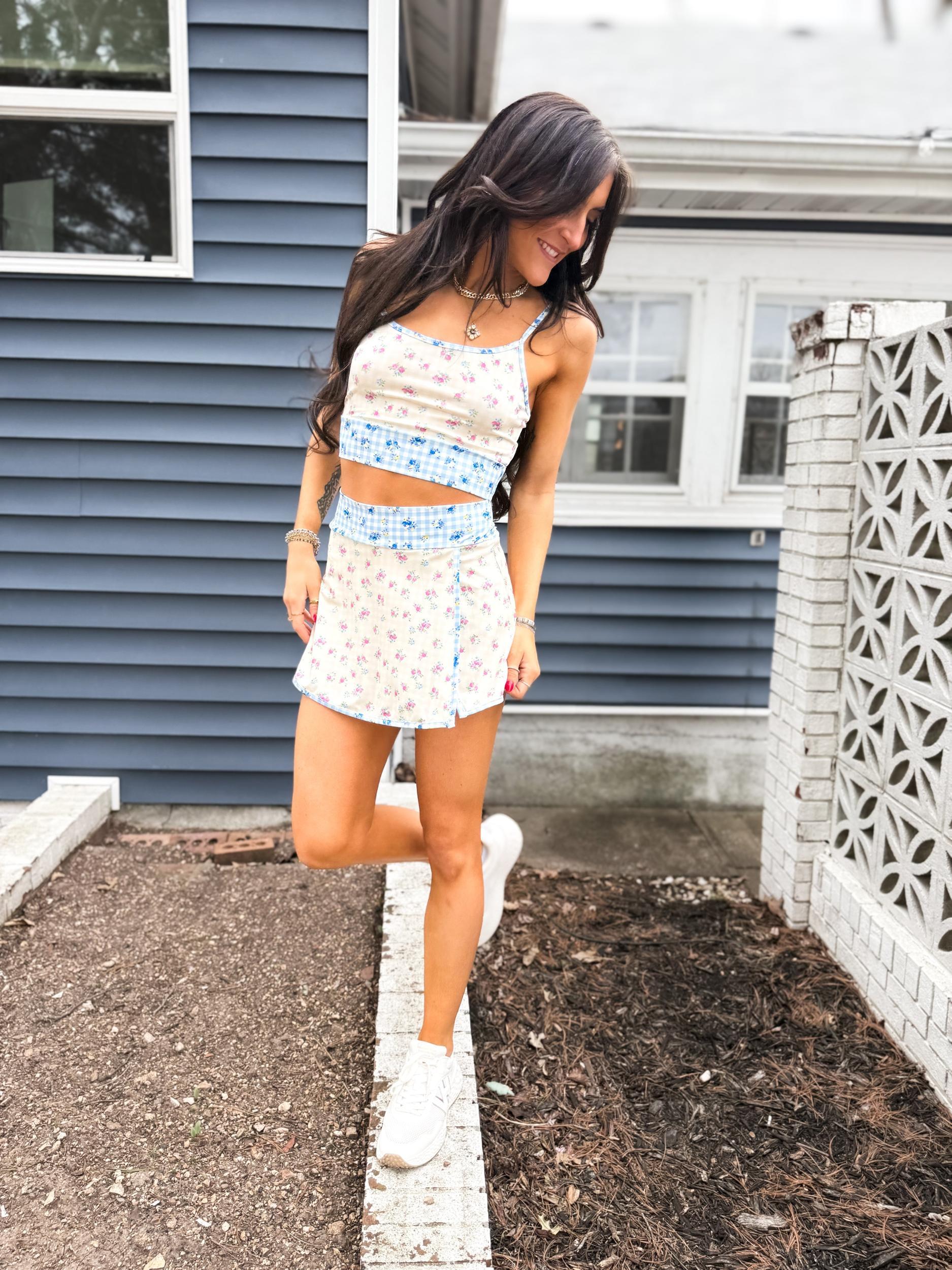 Gingham Floral Print Patchwork Sporty Mini Skort Product Image