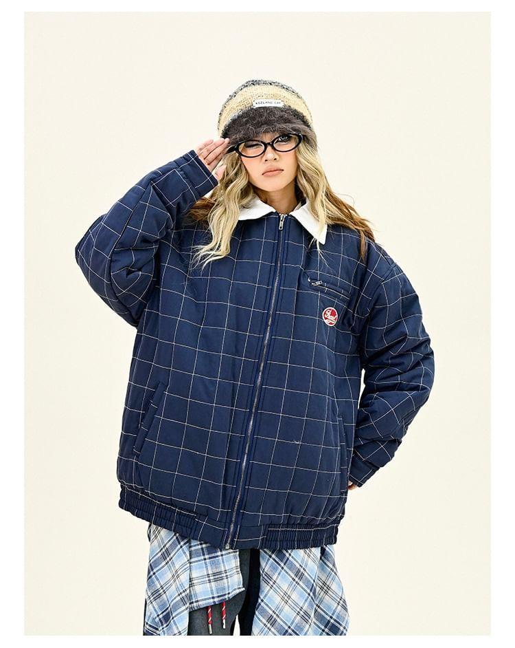 Collared Plaid Zip Up Puffer Bomber Jacket Product Image