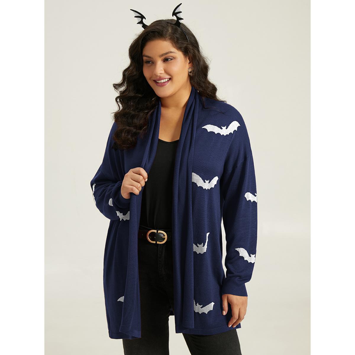 Plus Size Supersoft Essentials Halloween Bat Pattern Lapel Collar Cardigan Indigo Women Casual Loose Long Sleeve Festival-Halloween Cardigans BloomChic 10/M Product Image