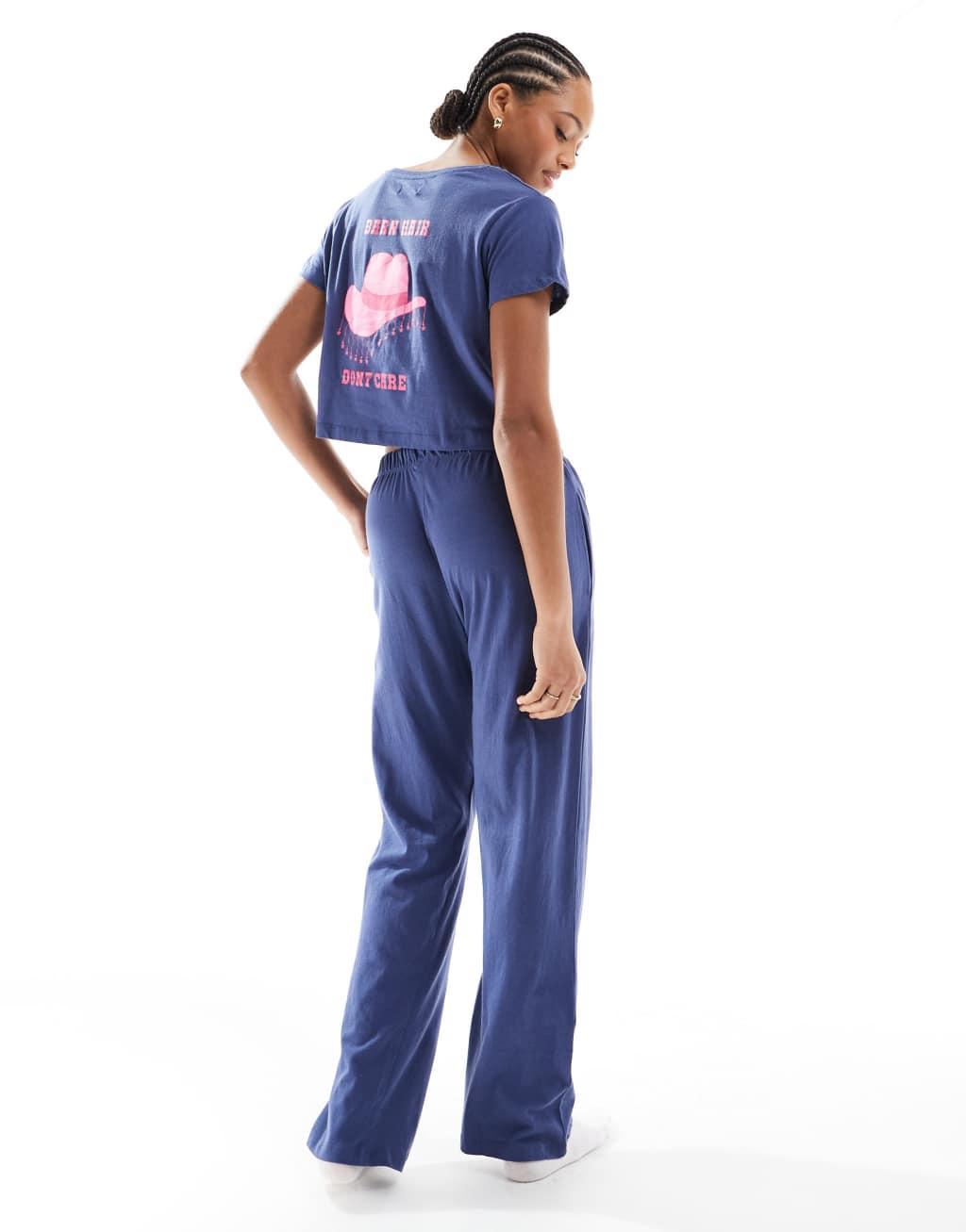 Brave Soul pajama set in navy with pink cowgirl print Product Image