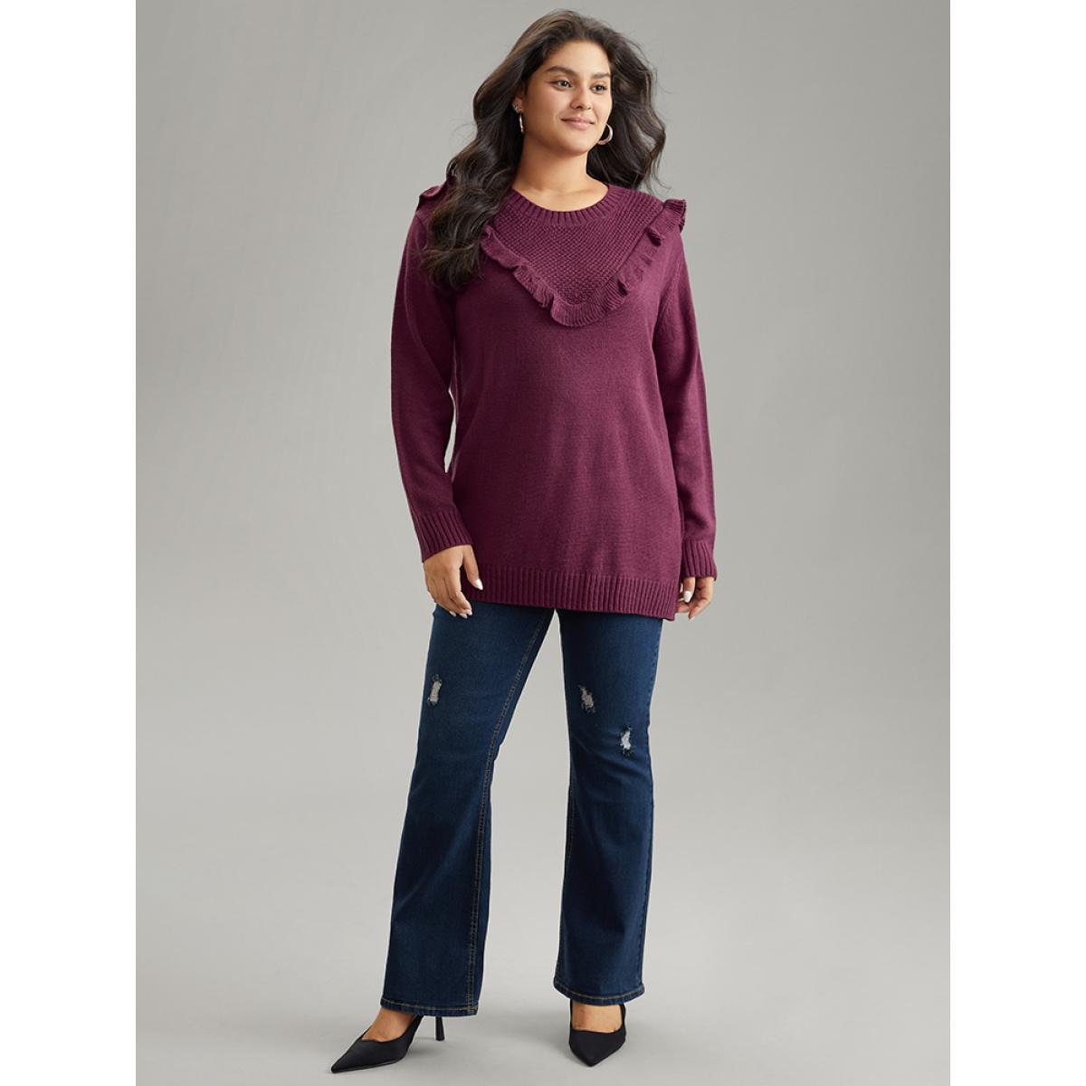 Plus Size Solid Flutter Trim Plisse Loose Pullover Burgundy Women Casual Loose Long Sleeve Round Neck Dailywear Pullovers BloomChic 18-20/2X Product Image