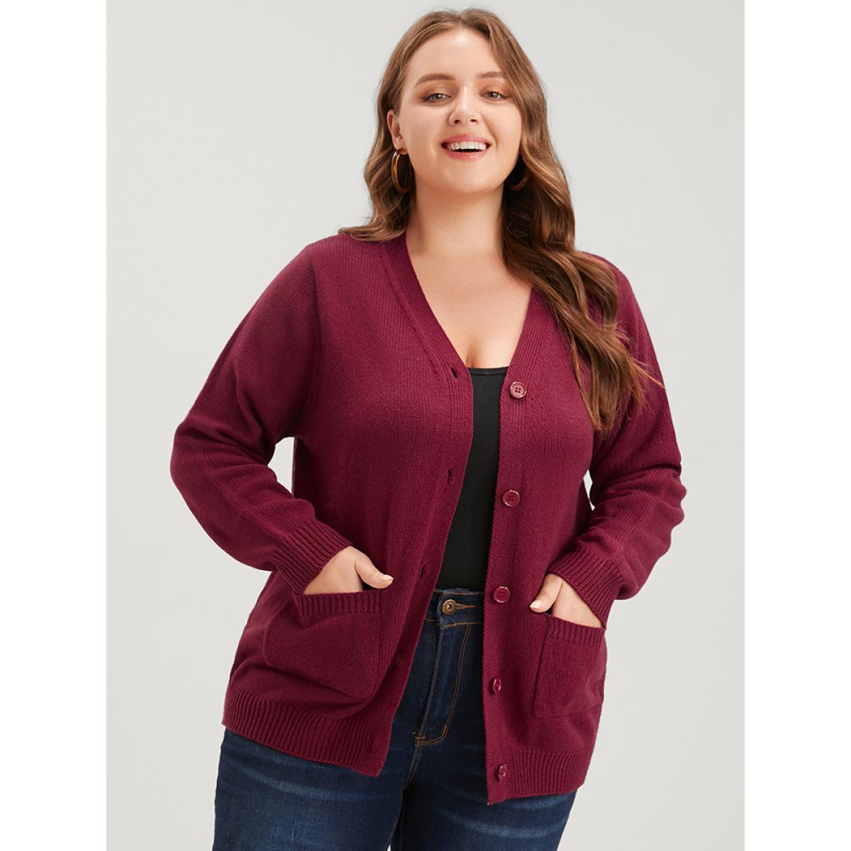 Plus Size Solid Pointelle Knit Pocket Belted Button Front Cardigan Scarlet Women Casual Loose Long Sleeve Work Cardigans BloomChic 28/5X Product Image