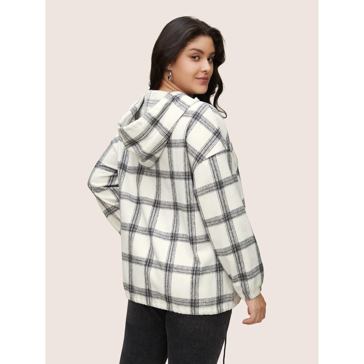 Plus Size Plaid Half Zip Pocket Hooded Sweatshirt Women White Casual Elastic cuffs Hooded Everyday Sweatshirts BloomChic 12/L Product Image
