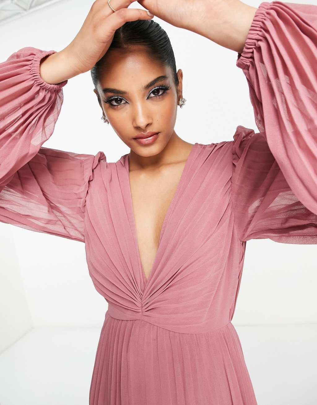 ASOS DESIGN pleated bodice plunge neck midi dress Product Image
