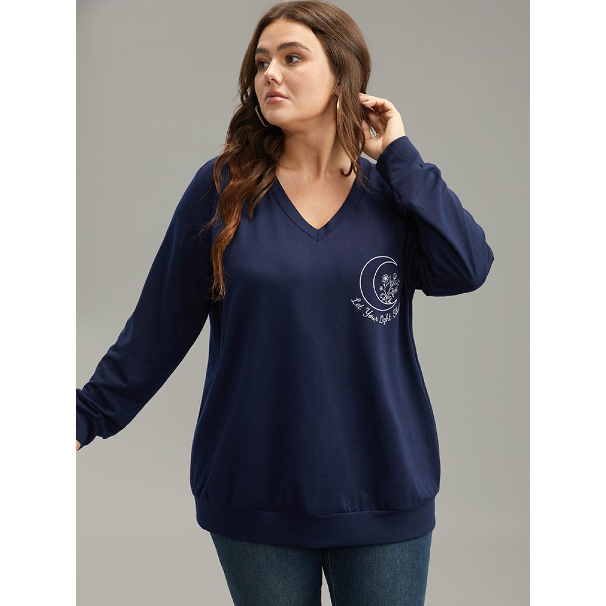 Plus Size Moon Print V Neck Raglan Sleeve Sweatshirt Women Indigo Casual Elastic cuffs Dailywear Sweatshirts BloomChic 22-24/3X Product Image