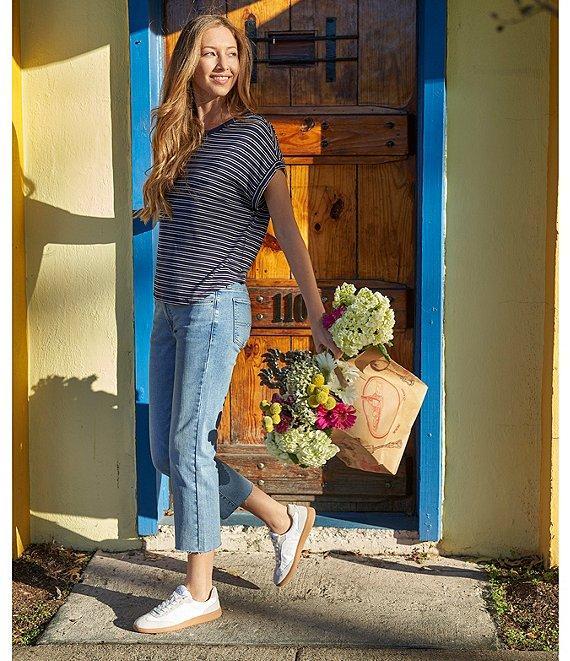 Lucky Brand Sandwash Stripe Contrast Trim Crew Neck Short Dolman Sleeve Top Product Image