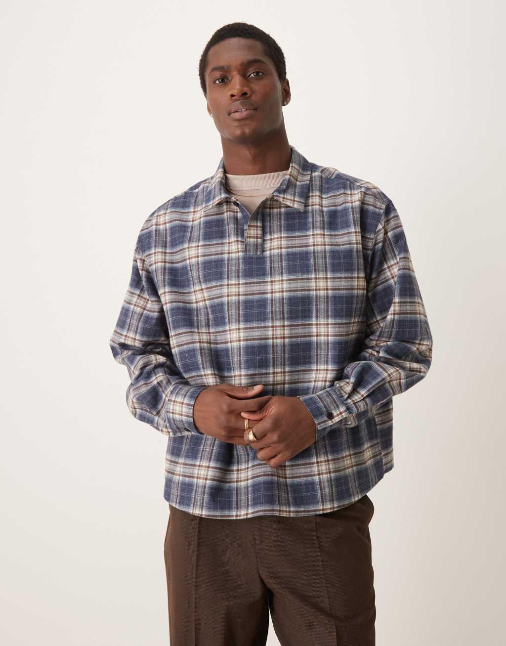 ASOS DESIGN oversized boxy overhead shirt with embroidered chest in navy check Product Image