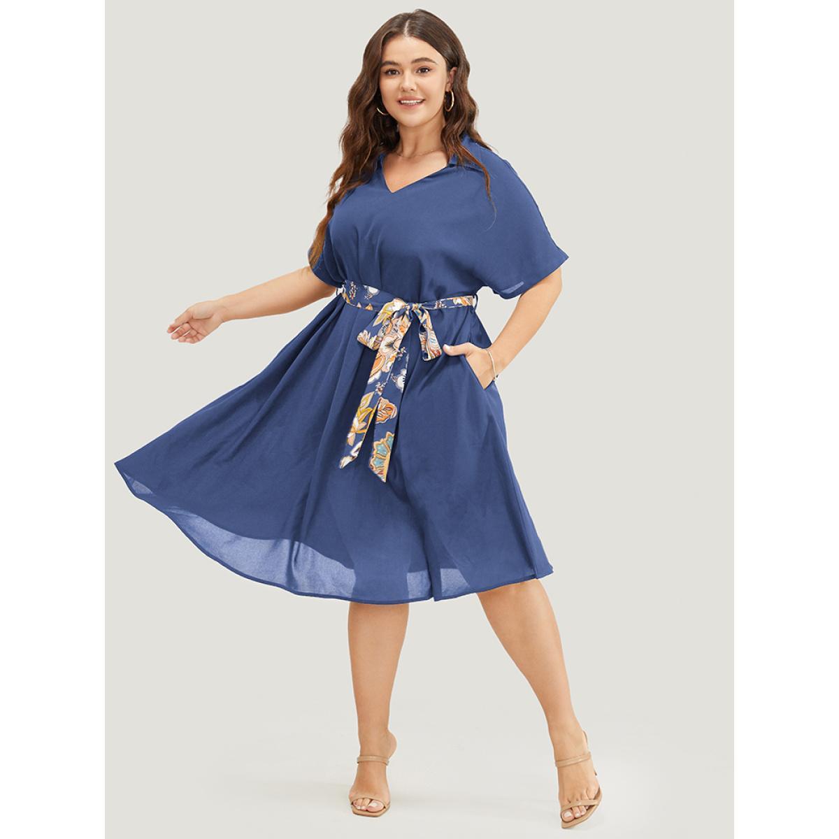 Plus Size Solid Dolman Sleeve Pocket Floral Belted Flutter Dress DarkBlue Women Office Cross straps V-neck Short sleeve Curvy Knee Dress BloomChic 22-24/3X Product Image