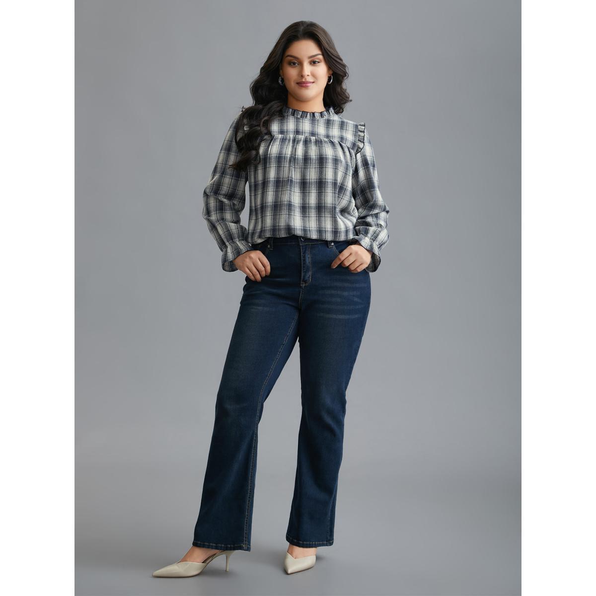 Plus Size Indigo Plaid Ruffle Trim Gathered Blouse Women Elegant Extra Long Sleeve Round Neck Everyday Blouses BloomChic 30/6X Product Image