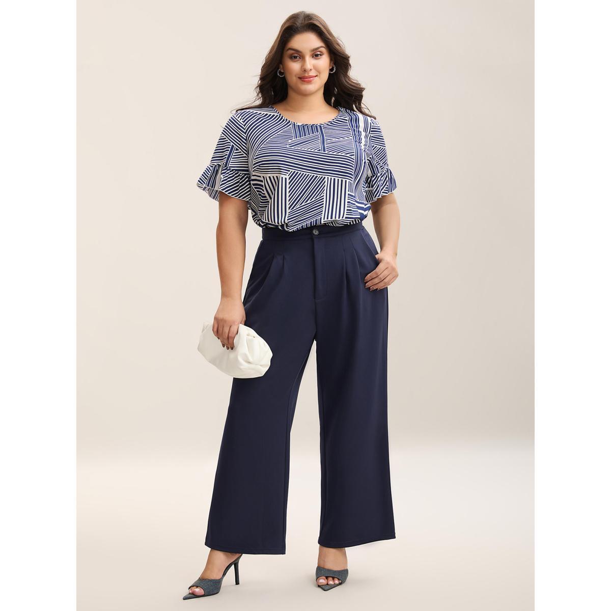 Plus Size Indigo Abstract Print Lotus Leaf Sleeve Blouse Women Work From Home Short sleeve Round Neck Work Blouses BloomChic 10/M Product Image