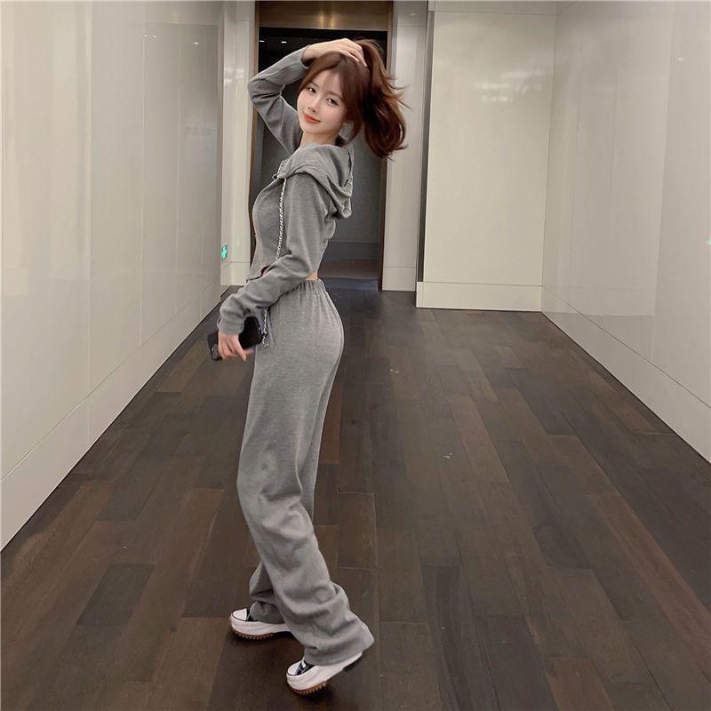 Set: Chain Strap Hooded Ribbed Crop Zip Jacket + Elastic Waist Loose Fit Sweatpants Product Image