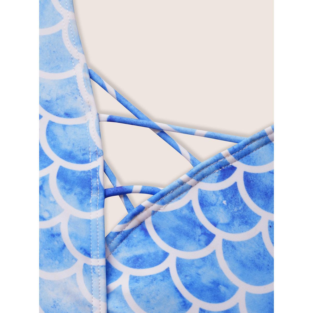 Plus Size Marine Elements Crisscross Hanky Hem Swim Top Women's Swimwear LightBlue Beach Asymmetrical High stretch Bodycon V-neck Curve Swim Tops BloomChic 26/4X Product Image
