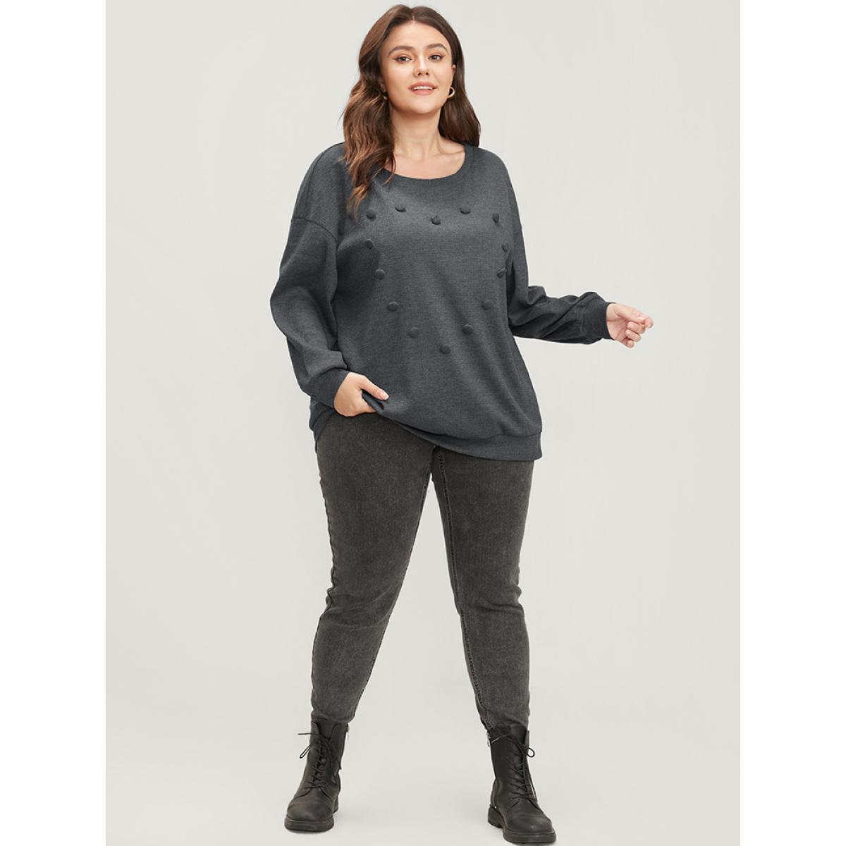 Plus Size Solid Button Detail Round Neck Waffle Knit Sweatshirt Women DimGray Elegant Button Round Neck Dailywear Sweatshirts BloomChic 12/L Product Image