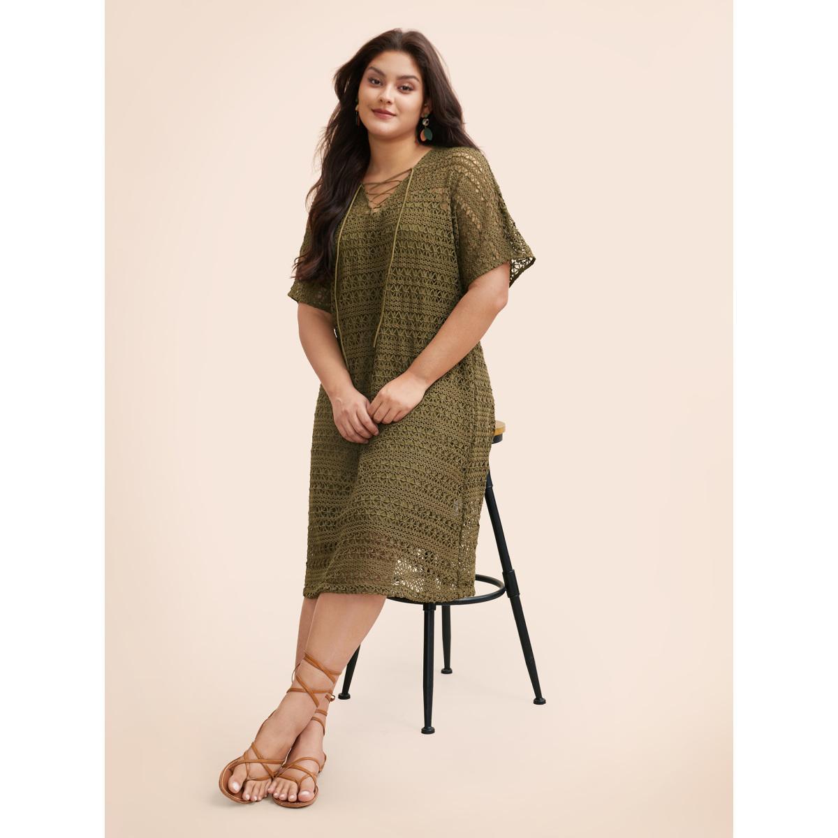 Plus Size Crocheted Lace Up Dolman Sleeve Tiered Dress ArmyGreen Women Casual Texture V-neck Half Sleeve Curvy BloomChic 18-20/2X Product Image