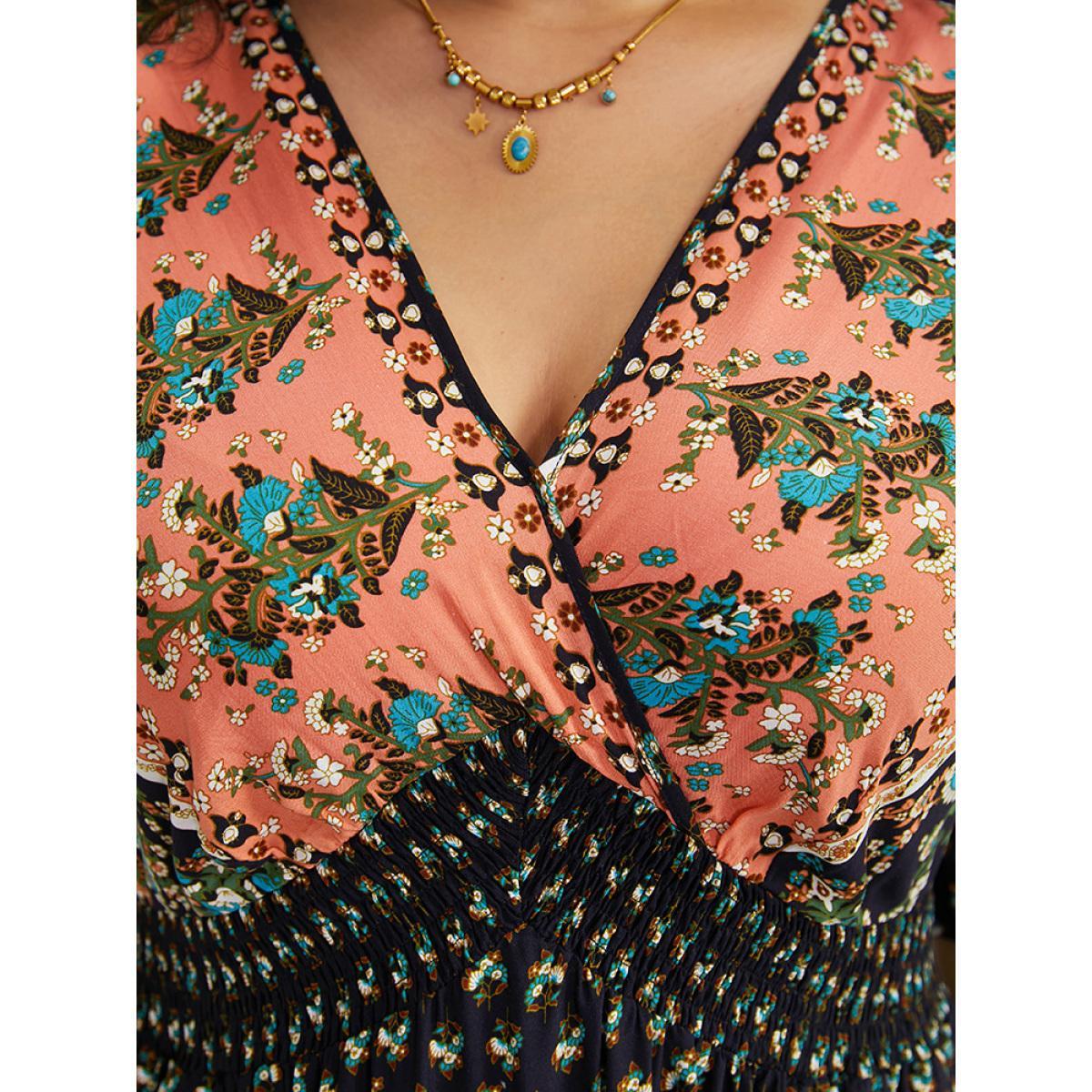 Plus Size Bandana Print Wrap Shirred Batwing Sleeve Dress DarkBlue Women Vacation Printed V-neck Short sleeve Curvy Midi Dress BloomChic 10/M Product Image