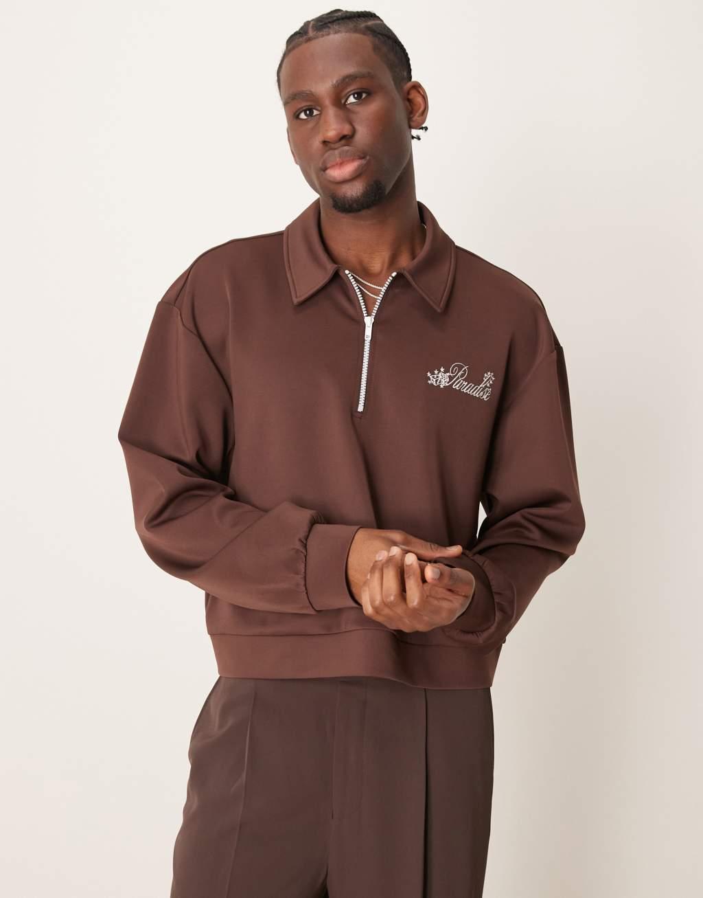 ASOS DESIGN oversized cropped polo sweatshirt in scuba with chest embroidery in brown Product Image