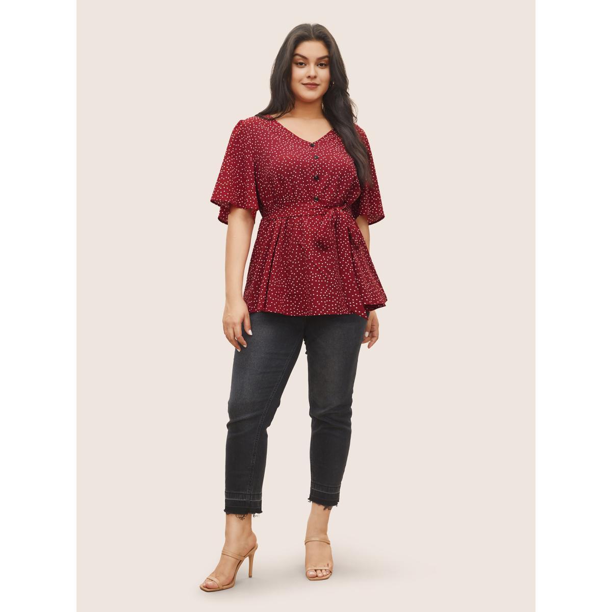 Plus Size Scarlet Polka Dot Ties Button Detail Blouse Women Elegant Short sleeve V-neck Everyday Blouses BloomChic 14-16/1X Product Image