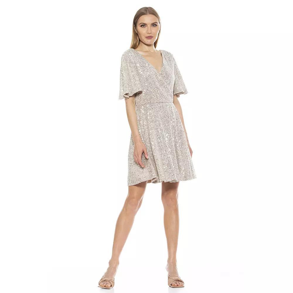 Women's ALEXIA ADMOR Oakless Flutter Sleeve Fit & Flare Dress, Size: Large, Silver Product Image