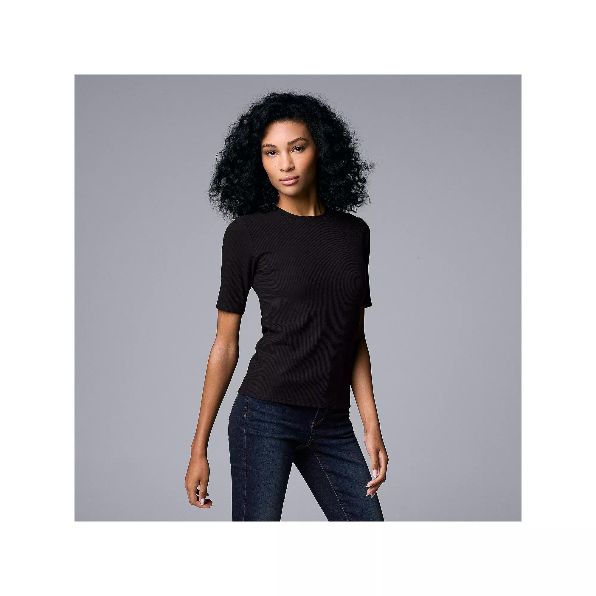 Women's Simply Vera Vera Wang Ribbed Fitted Elbow Sleeve Tee, Size: XXL, Black Product Image