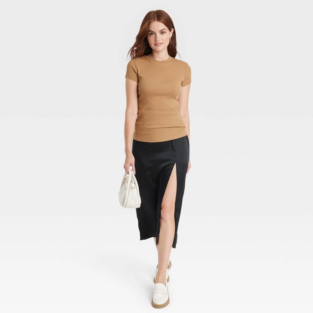 Women's Slim Fit Short Sleeve Ribbed T-Shirt - A New Day™ Tan XXL: Cotton Modal Blend, Crew Neck, Pullover Product Image