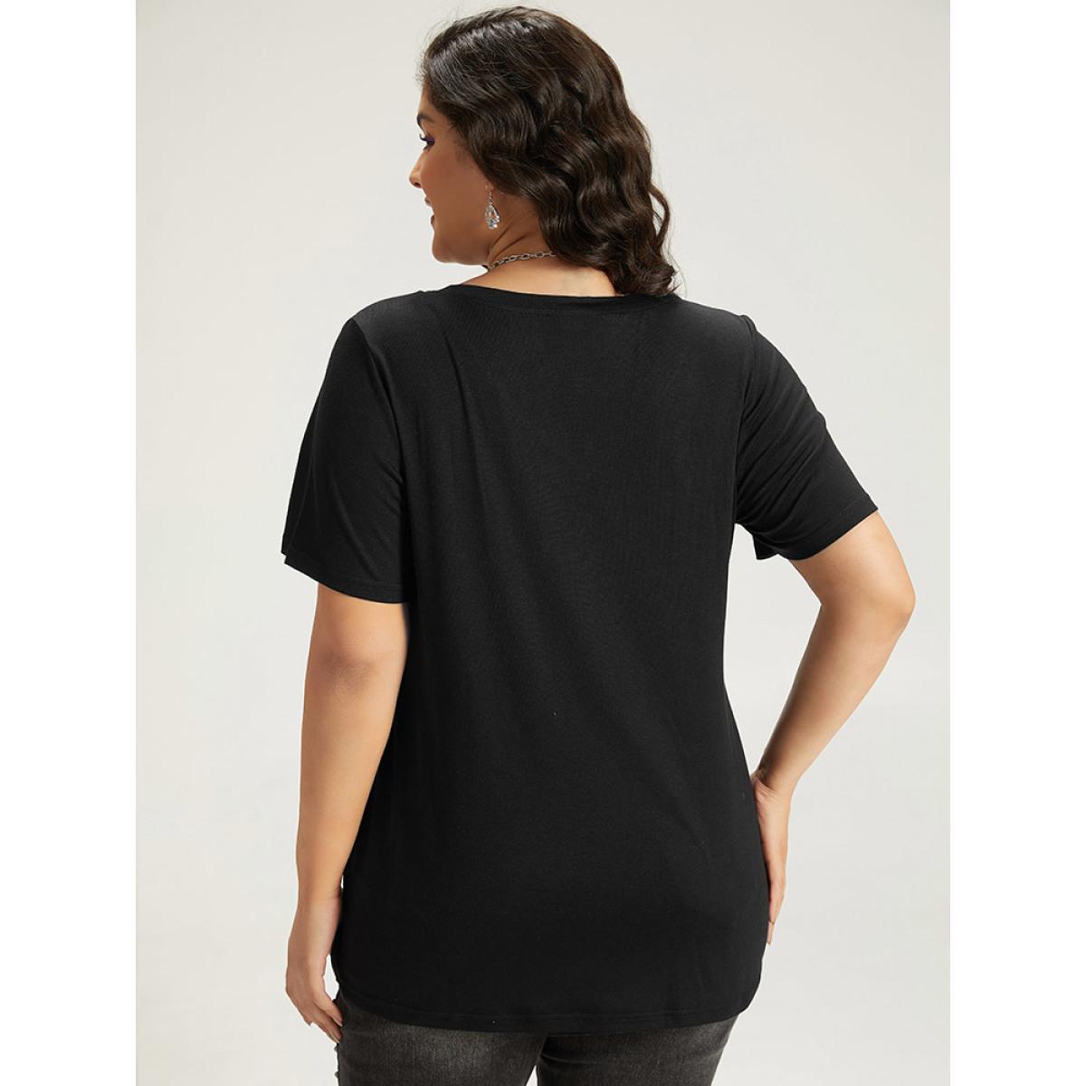 Plus Size Halloween Letter Print V Neck T-shirt Black Women Casual Printed Halloween Festival-Halloween T-shirts BloomChic 12/L Product Image