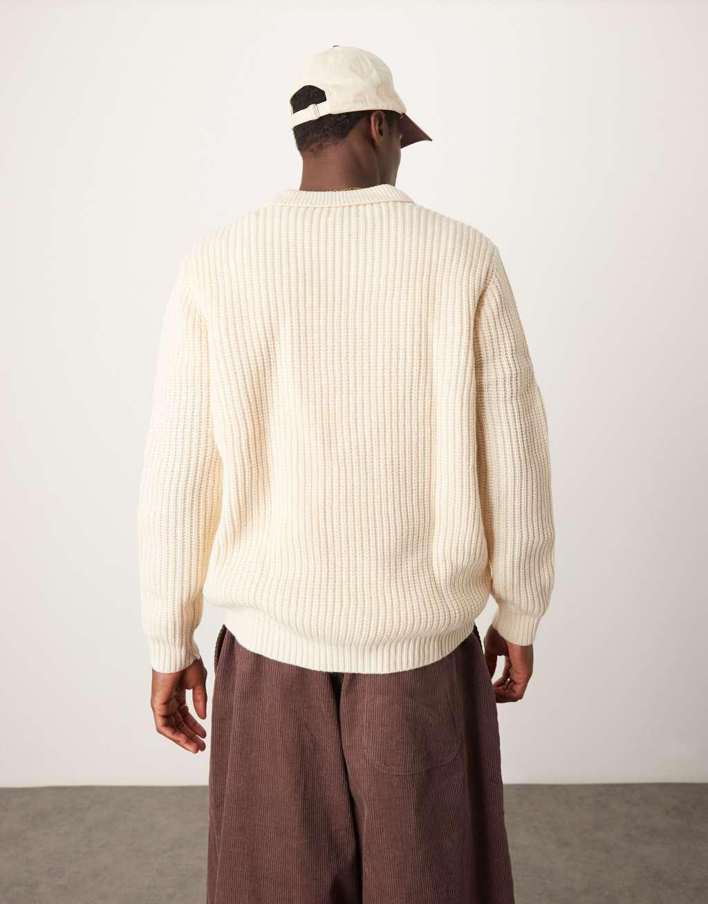 ASOS DESIGN wool mix oversized heavyweight quarter zip rib sweater with collar in oatmeal Product Image