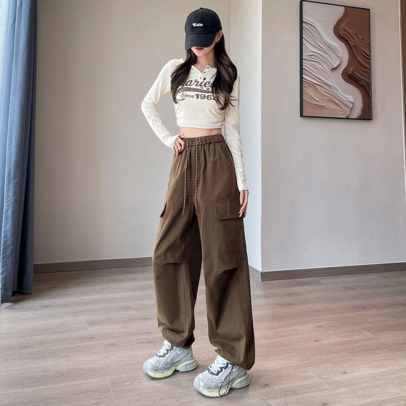 Drawstring Waist Plain Wide Leg Cargo Pants Product Image