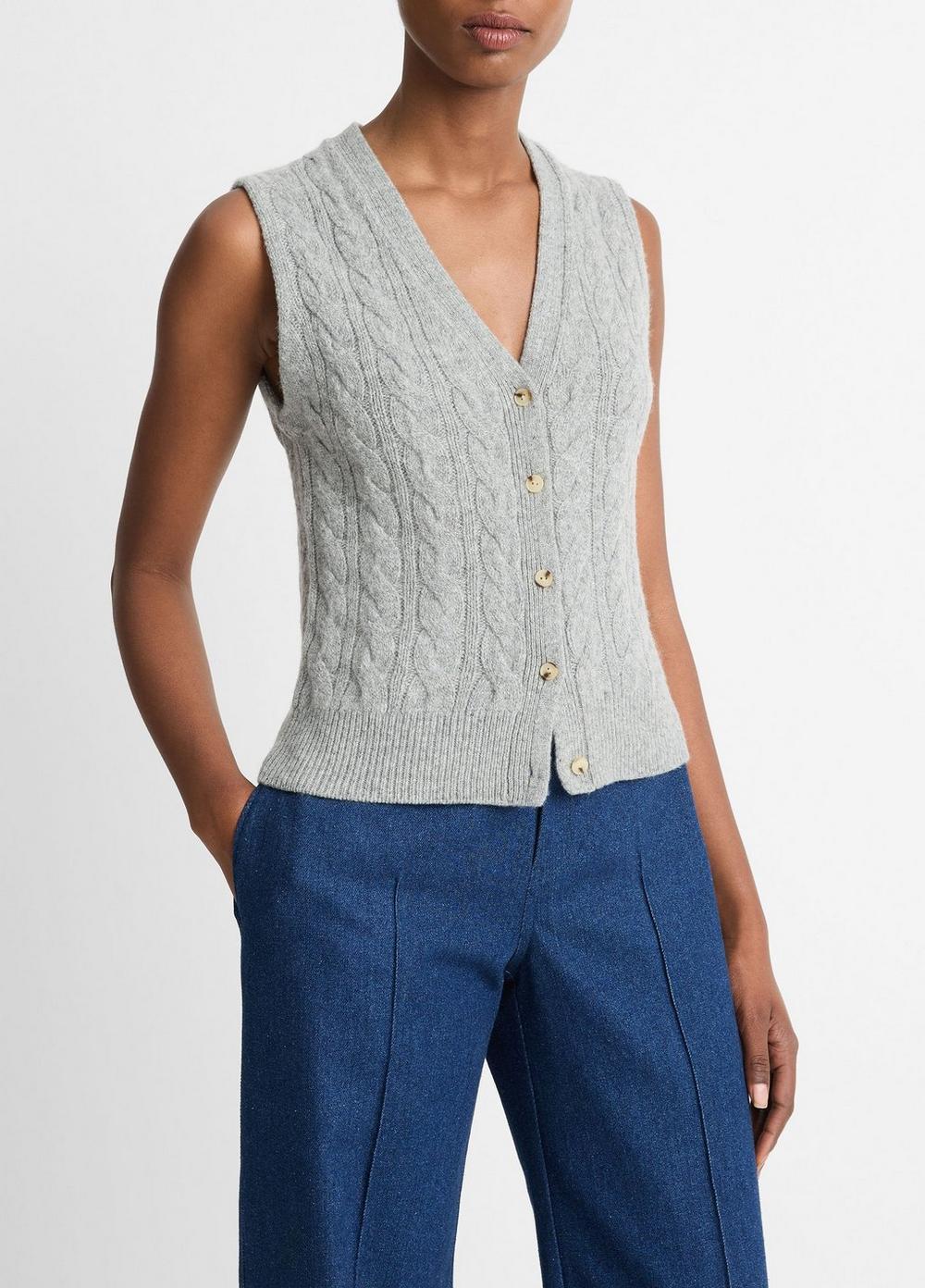 Womens Cable Wool-Blend Button Sweater Vest, Heather Silver Dust, Size M Vince Product Image
