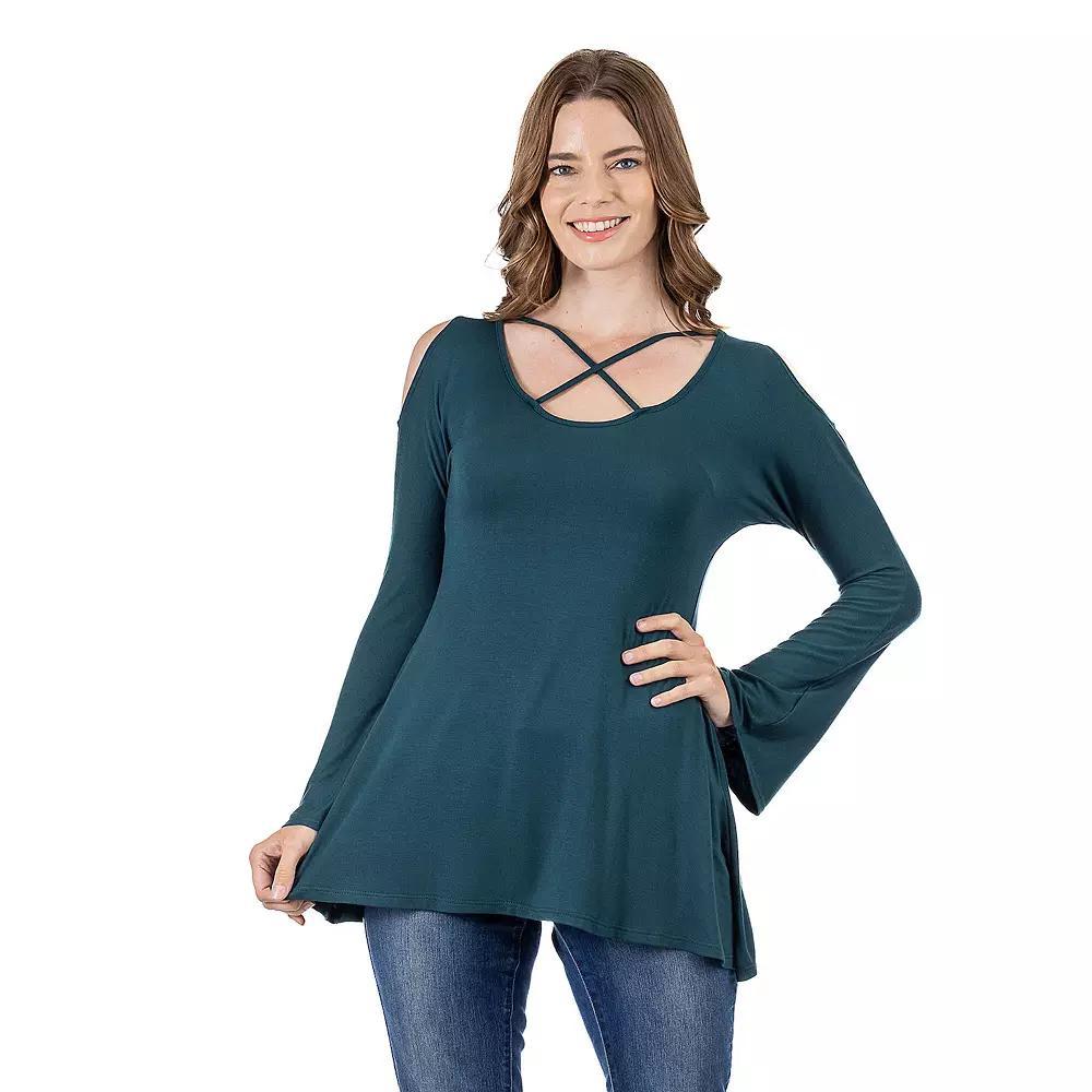 Women's 24Seven Comfort Apparel Criss Cross Cold Shoulder Long Sleeve Top, Size: Medium, Hunter Product Image