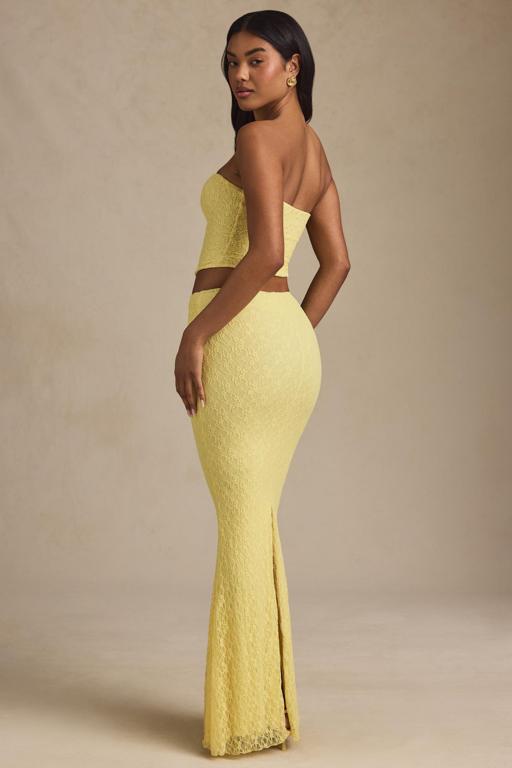 Draped Low-Rise Lace Maxi Skirt in Pastel Yellow Product Image
