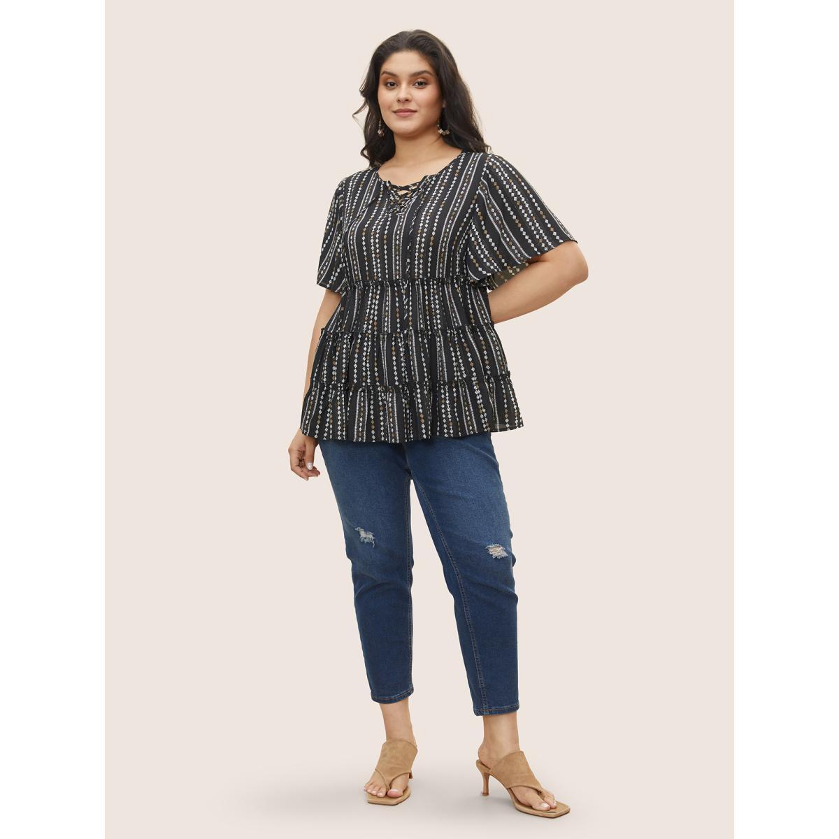 Plus Size Black Boho print Tiered Ruffle Hem Frill Trim Blouse Women Resort Short sleeve Round Neck Vacation Blouses BloomChic 22-24/3X Product Image