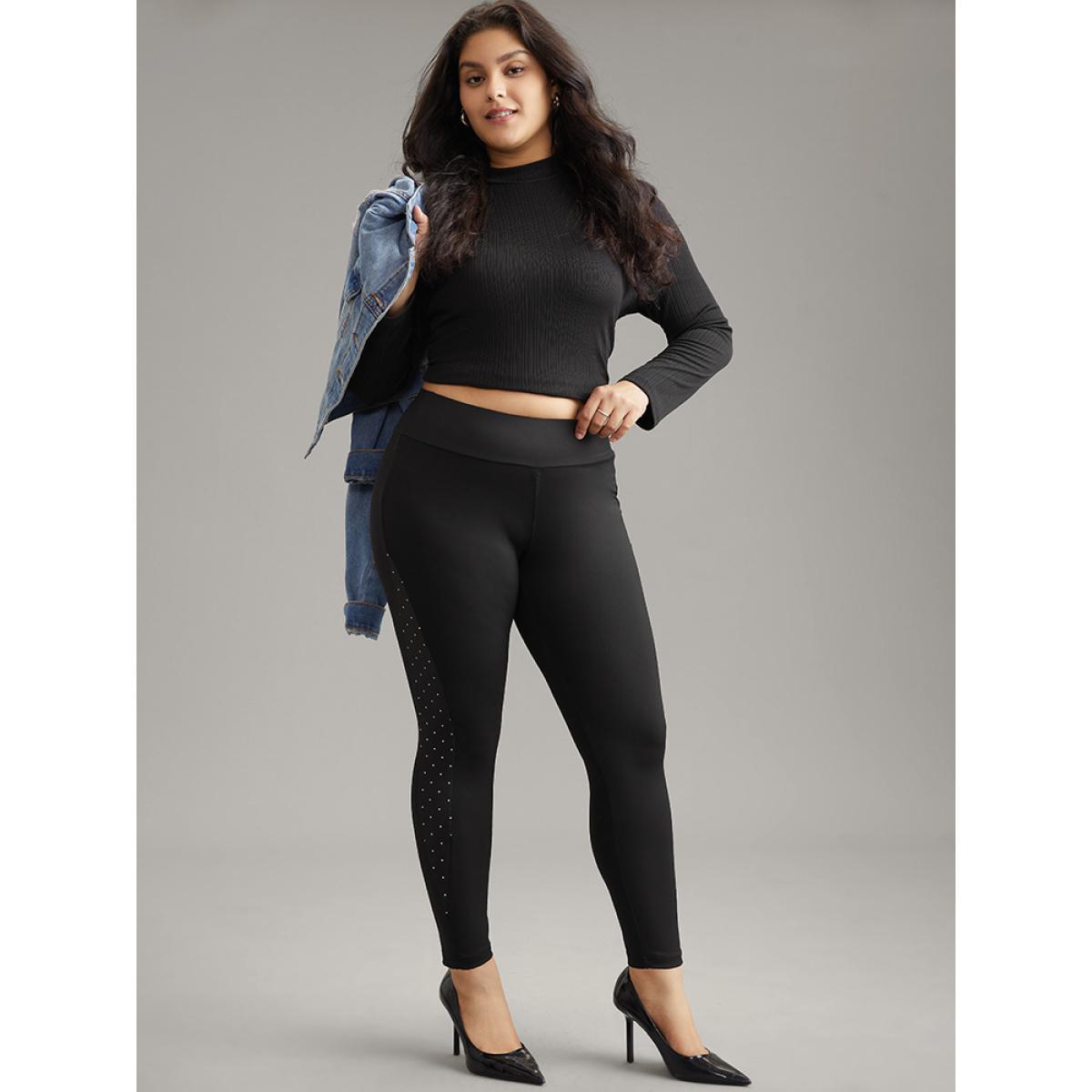 Plus Size Skinny Patchwork Side Elastic Waist Leggings Women Black Casual High stretch Skinny High Rise Dailywear Leggings BloomChic 30/6X Product Image