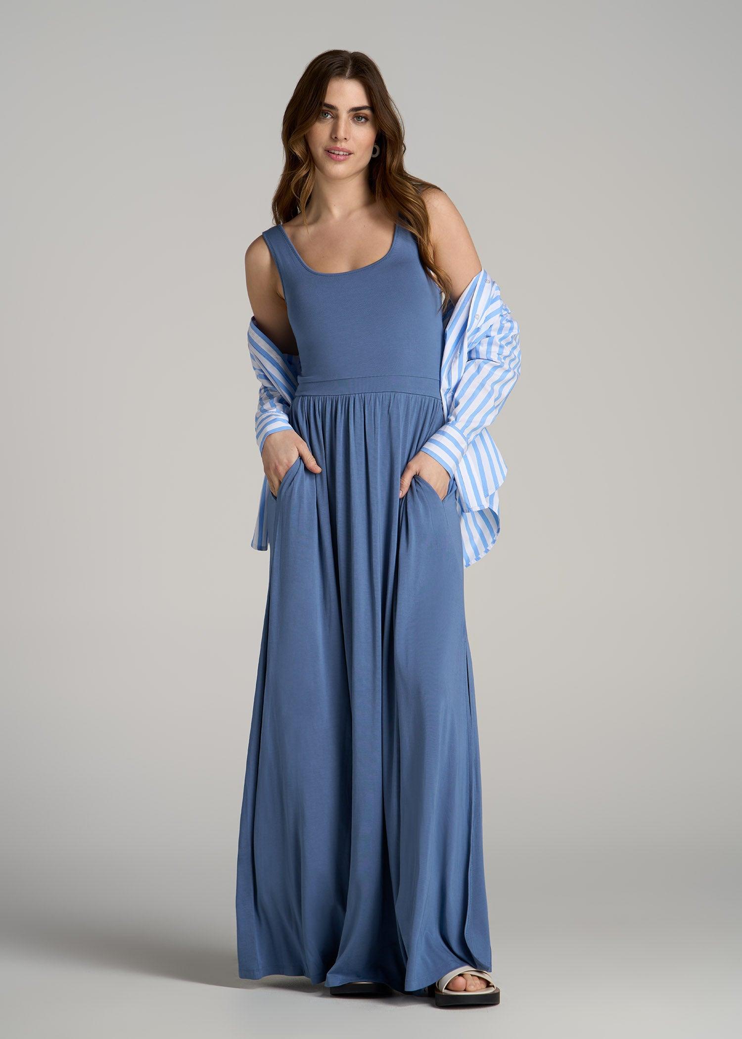 Jersey Tank Maxi Dress with Pockets for Tall Women in Steel Blue Product Image