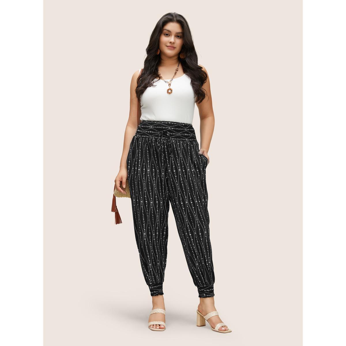 Plus Size Ditsy Floral Shirred Ties High Rise Harem Pants Women BlackFlower Resort Harem High Rise Vacation Pants BloomChic 18-20/2X Product Image