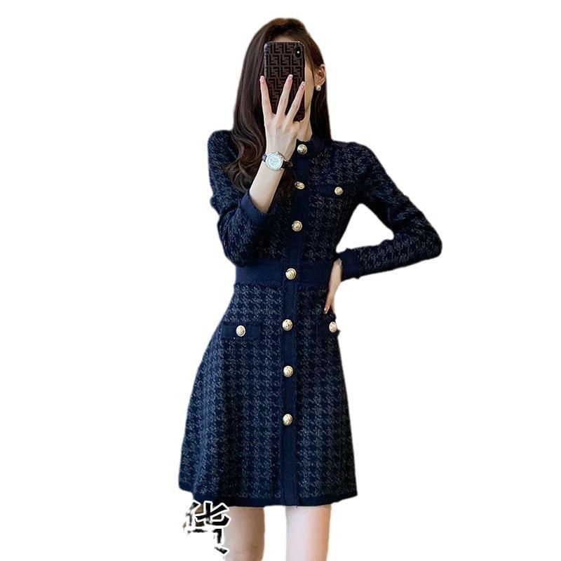 Long-Sleeve Crew Neck Houndstooth Button Mini A-Line Knit Dress Product Image