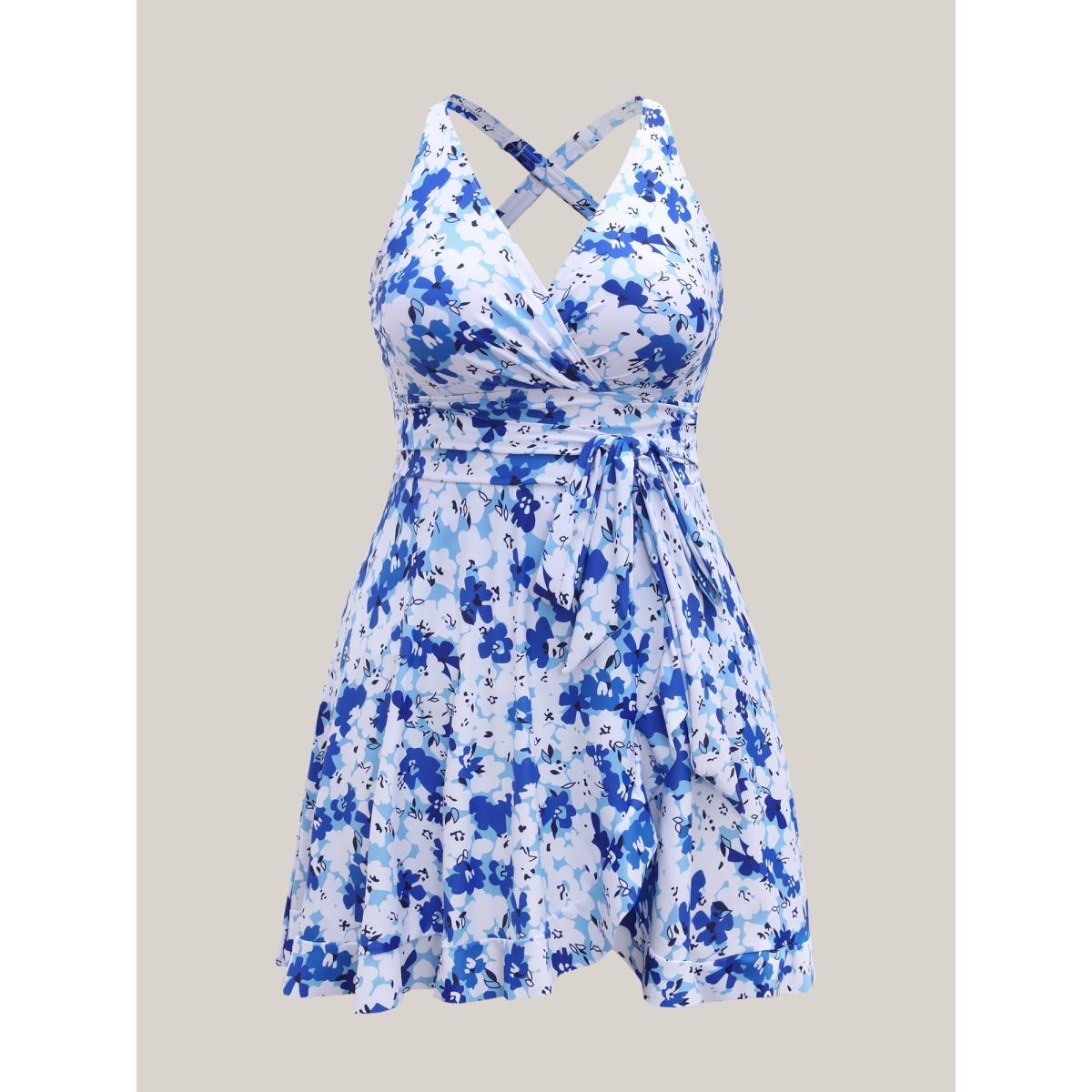 Plus Size Floral Print Belted Flared Swim Dress Women's Swimwear Mediumblue Beach Bodycon Overlap Collar High stretch Curve Swim Dresses BloomChic 18-20/2X Product Image