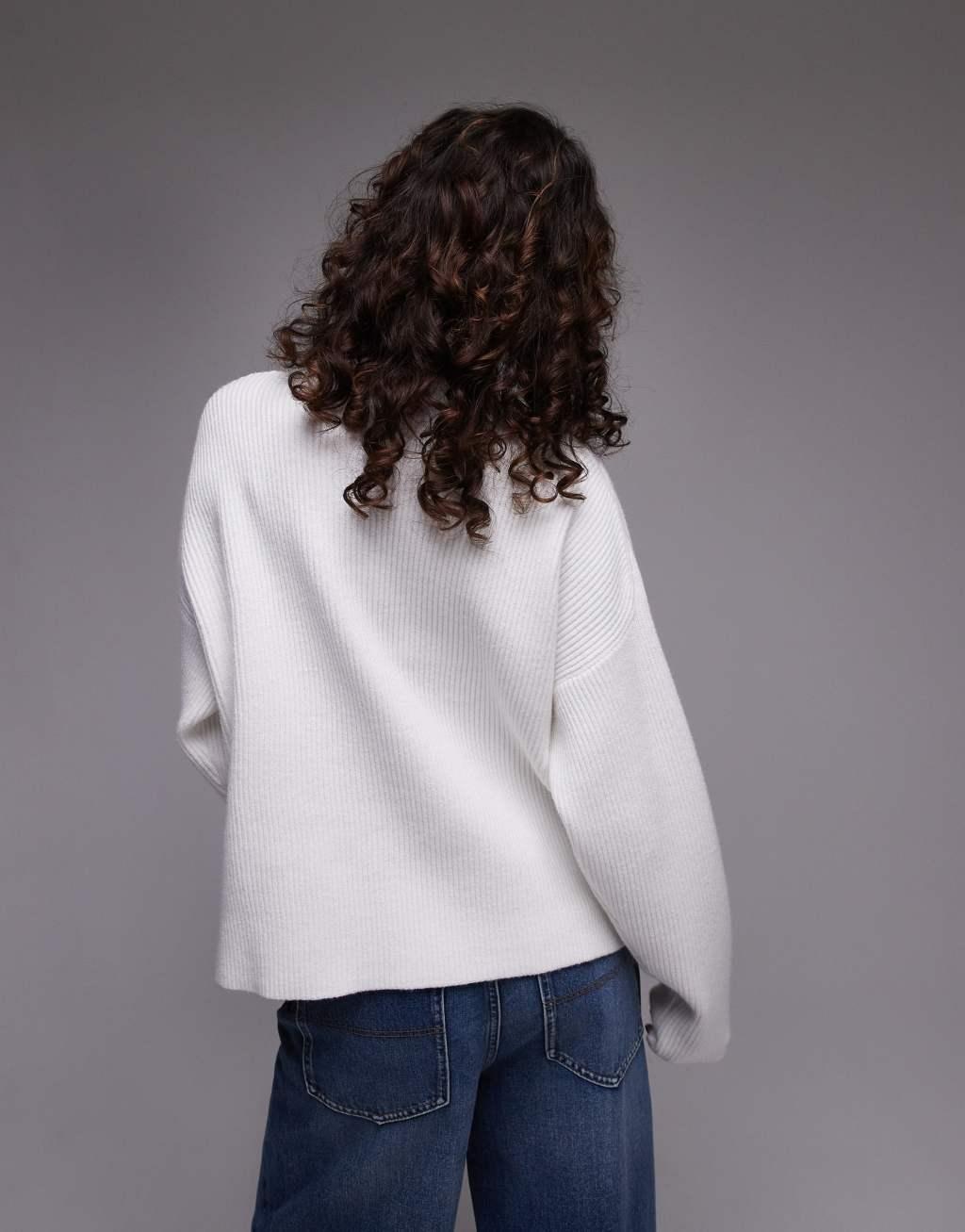 Topshop knitted clean rib funnel sweater in cream Product Image