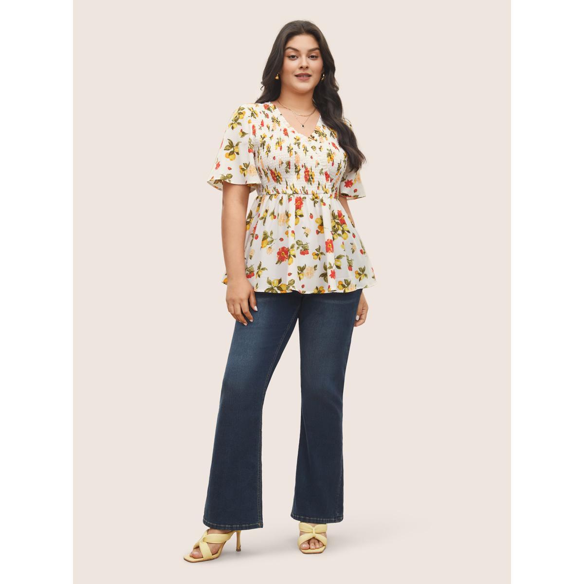 Plus Size Ivory Citrus Lemon Print Elastic Waist Shirred Wrap Ruffles Blouse Women Elegant Short sleeve Overlap Collar Everyday Blouses BloomChic 22-24/3X Product Image